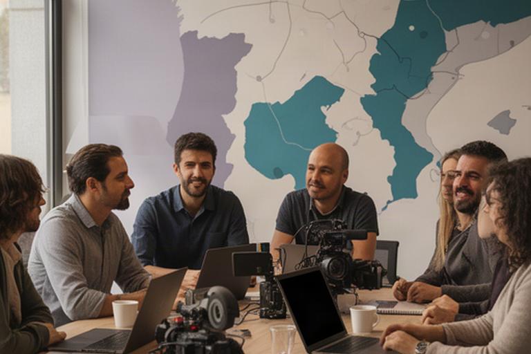 Equipo de producción reunido en una oficina de Segovia junto a un mapa de Castilla y León