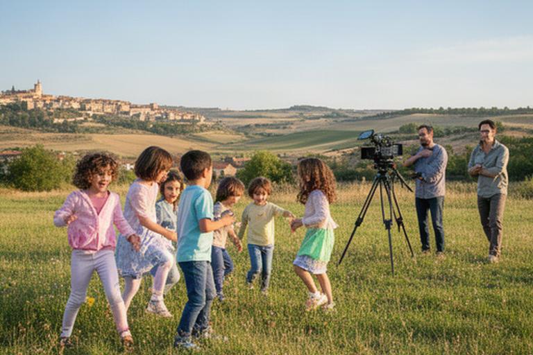 Niños jugando en un prado de Segovia mientras un equipo de cámara prepara un rodaje educativo