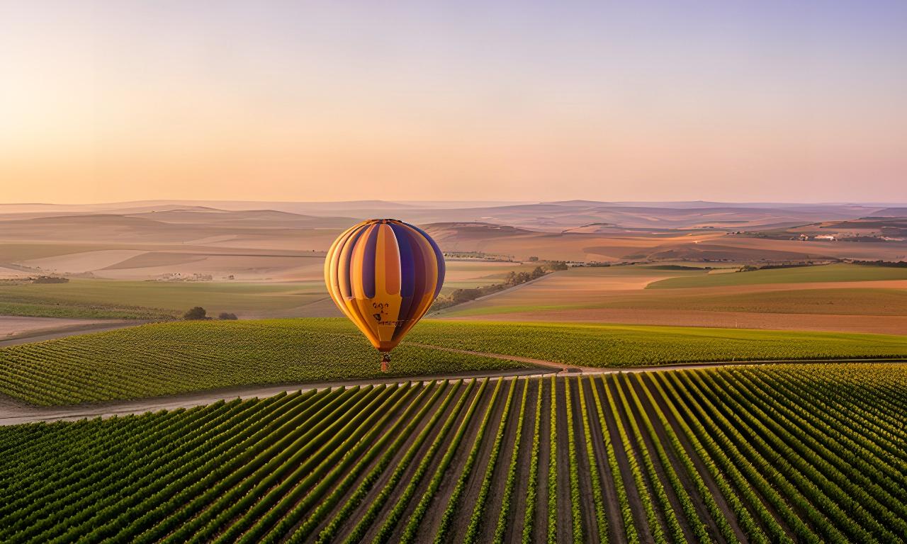 Globo aerostático sobre viñedos de Rueda al amanecer, con campos castellanos hasta el horizonte