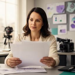 Directora creativa revisando un guion en una sala de producción luminosa