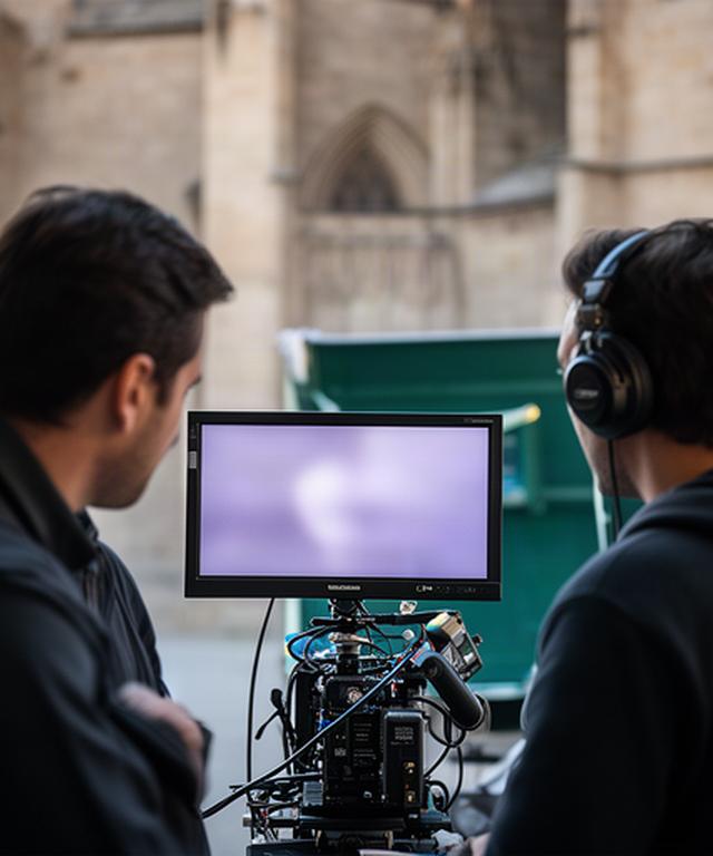 Equipo de producción revisando una escena en un monitor durante un rodaje corporativo en Segovia