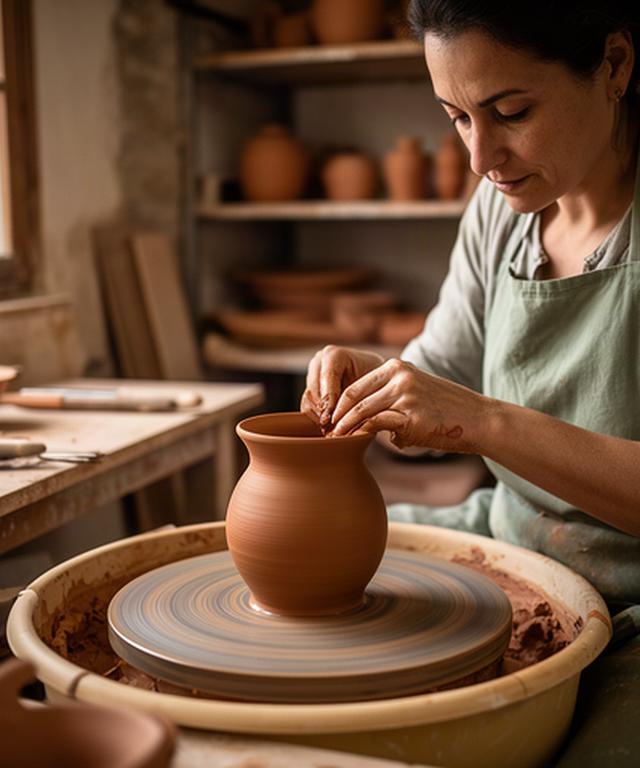 Artesana trabajando una pieza de barro en un taller rural de Castilla y León
