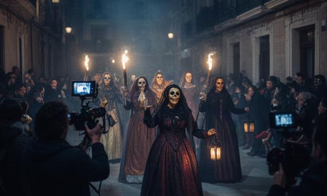 Pasacalles nocturno del Festival de las Ánimas de Soria con equipo de reportaje