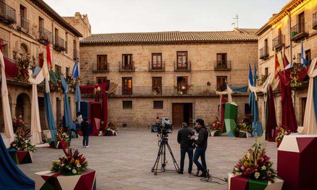 Plaza castellana decorada para un especial televisivo sobre fiestas tradicionales