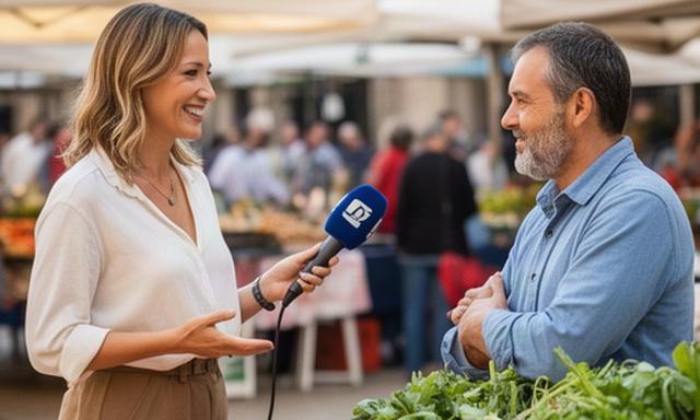 Presentadora entrevistando a un comerciante en un mercado al aire libre de Segovia