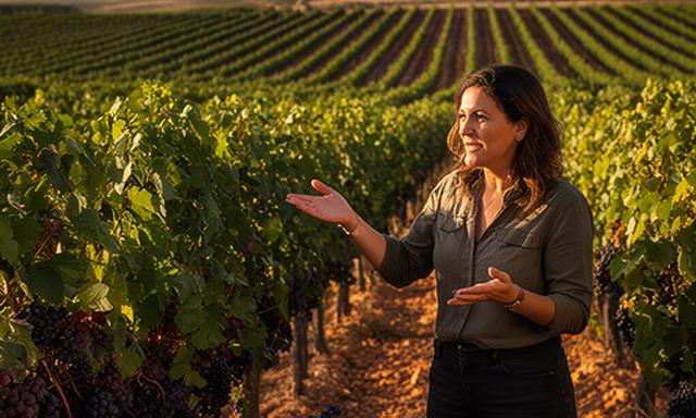 Enóloga explicando una vendimia junto a viñedos de la Ribera del Duero