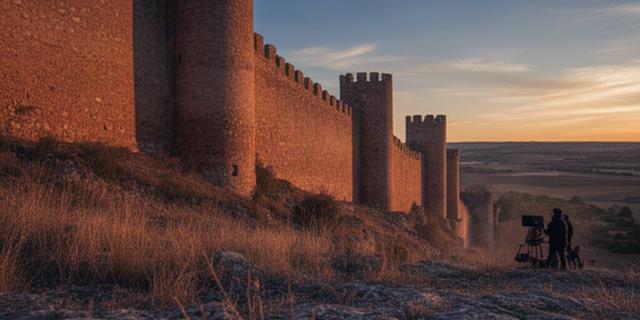 Muralla de un castillo castellano al atardecer durante la grabación de una serie documental