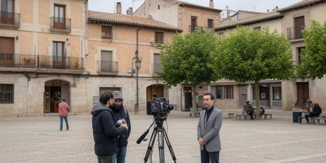 Plaza de una localidad segoviana con equipo de magazine de actualidad preparado para grabar
