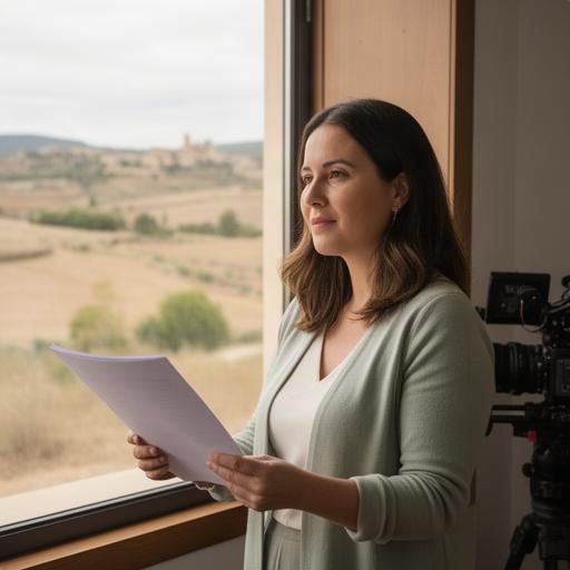 Directora creativa revisando un guion junto a una ventana con paisaje segoviano