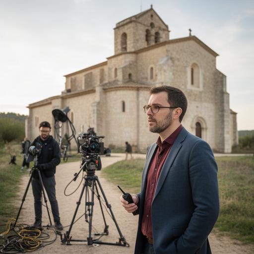 Productor ejecutivo coordinando un rodaje exterior junto a una iglesia rural