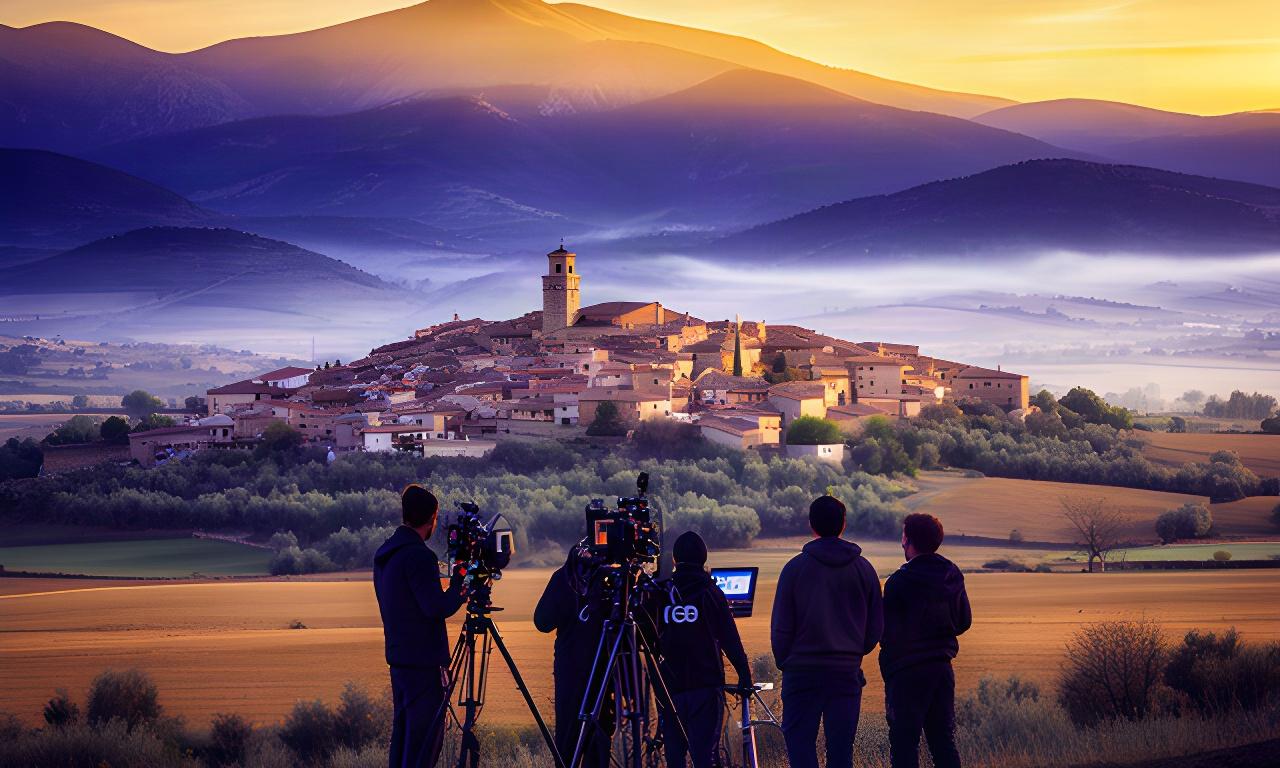 Paisaje de la Sierra de Guadarrama al amanecer con un equipo de rodaje frente a un pueblo segoviano