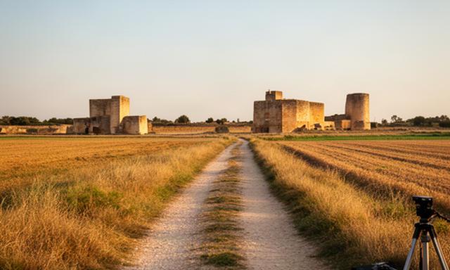 Camino entre campos de Castilla y monumentos de piedra preparado para un rodaje exterior
