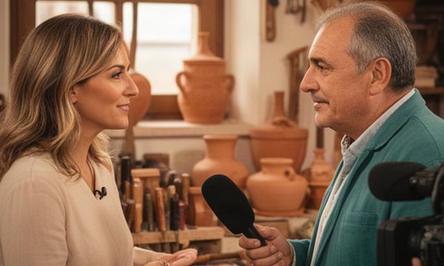 Presentadora entrevistando a un artesano en un magazine local de Segovia
