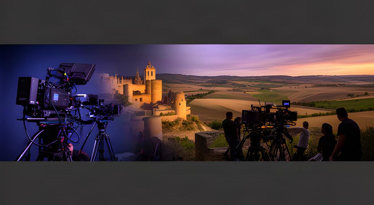 Collage de rodaje con cámaras, paisaje rural de Segovia y luces de un plató televisivo