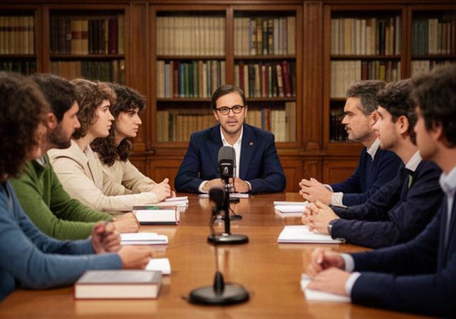 Debate académico con estudiantes y profesores en una biblioteca universitaria de Castilla y León