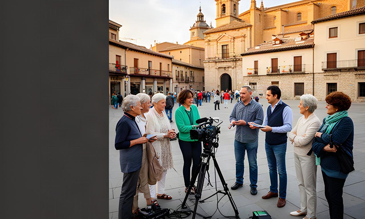 Plaza de Segovia con vecinos conversando y un equipo de televisión preparando un reportaje de actualidad local