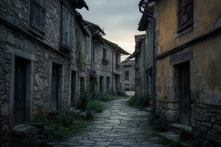Calle de un pueblo medieval deshabitado de Castilla y León con fachadas de piedra