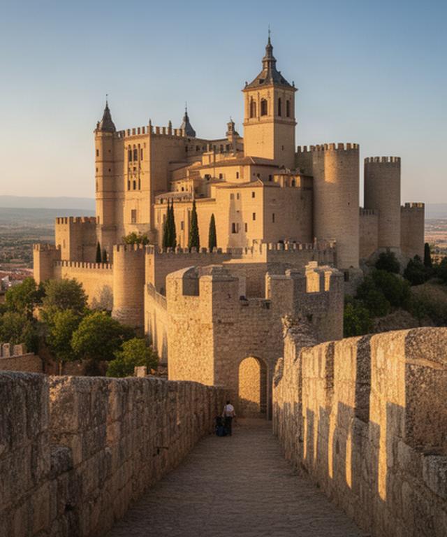 Murallas y castillo histórico de Segovia bajo una luz cálida de tarde