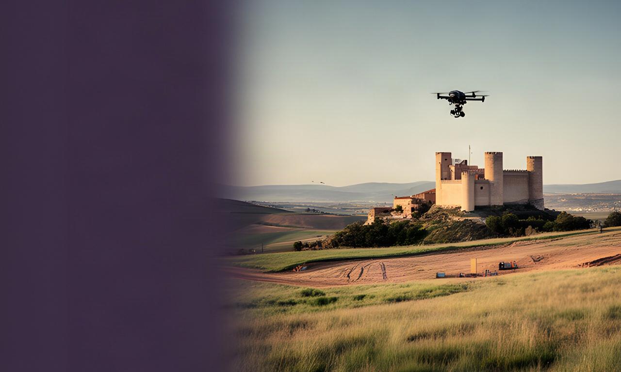 Pradera castellana con un castillo al fondo y un dron sobre una localización rural de Segovia