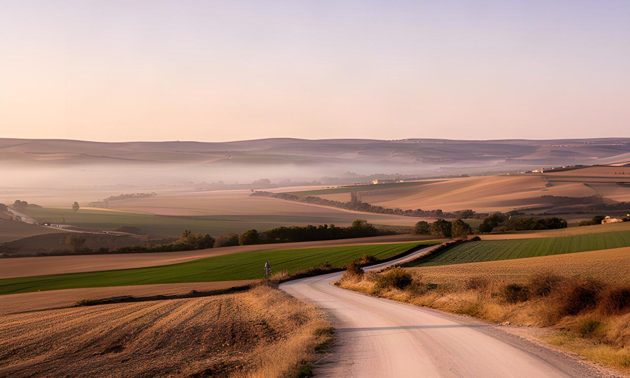 Vista panorámica del valle del Tejadilla al amanecer, con campos castellanos y una pequeña carretera rural