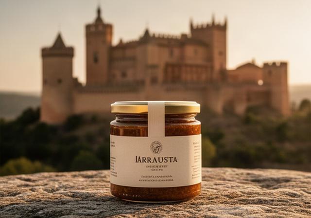 Tarro de producto gourmet en una mesa de piedra frente a un castillo castellano