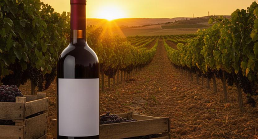 Viñedo de Castilla y León al atardecer junto a una botella de vino y cajas de cosecha