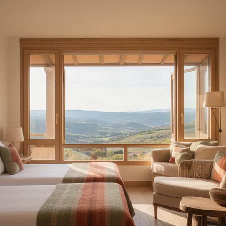 Interior luminoso de un hotel rural de Castilla y León con vistas a un valle