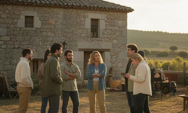 Participantes de un reality rural conversando frente a una casa de piedra segoviana